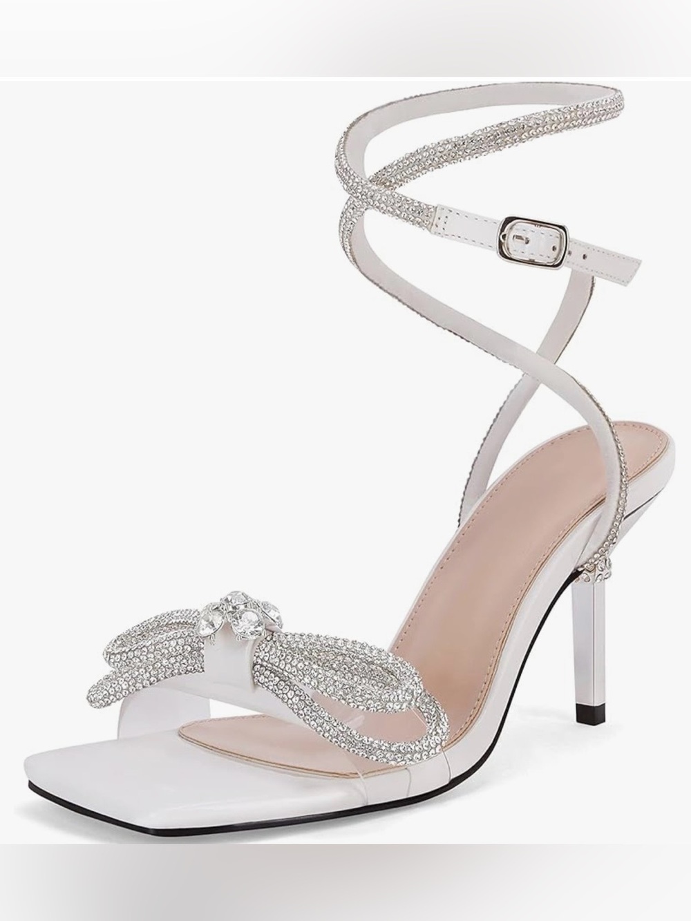 White Rhinestone Bow Heels Sandals Strappy Lace Up Pumps Wedding Shoes, Size 7